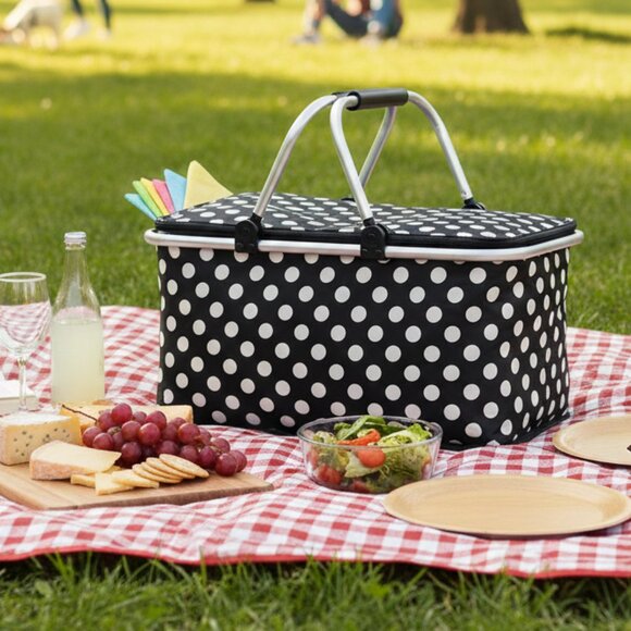 Handbags - Black and White Polka Dot Insulated Picnic Basket